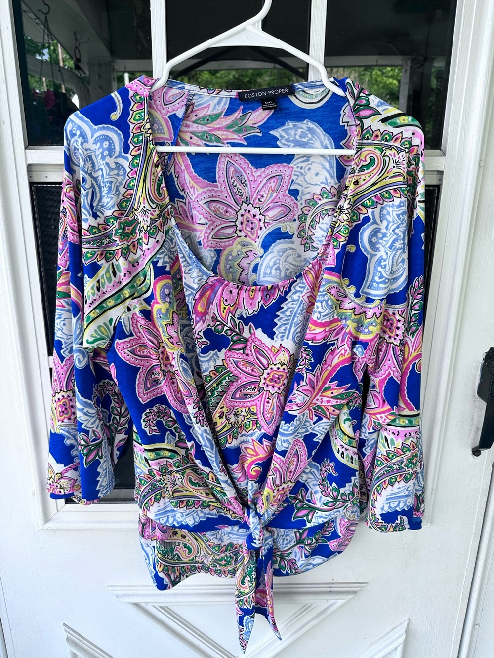 Boston Proper Blue Paisley Tie-Front Blouse with Pink Accents